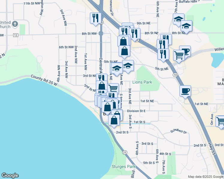 map of restaurants, bars, coffee shops, grocery stores, and more near 97 2nd Street Northeast in Buffalo