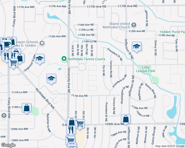 map of restaurants, bars, coffee shops, grocery stores, and more near 108 112th Square Northeast in Minneapolis