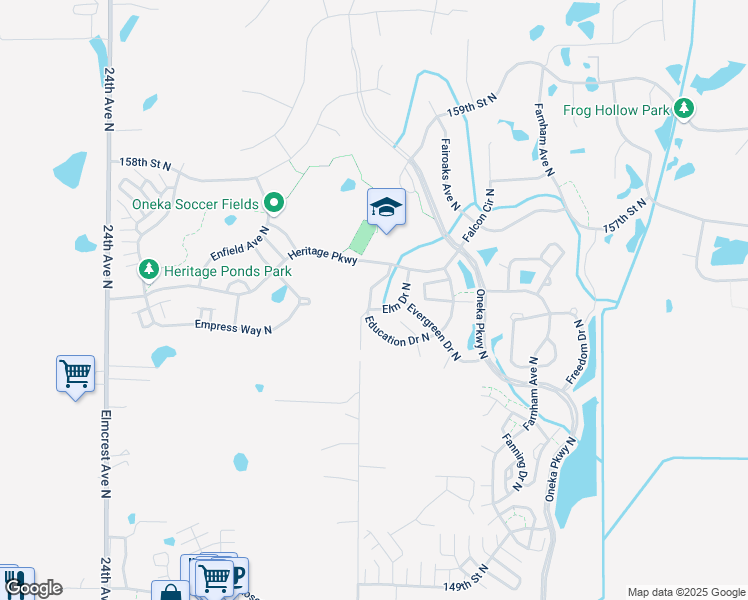 map of restaurants, bars, coffee shops, grocery stores, and more near 4818 Education Drive North in Hugo