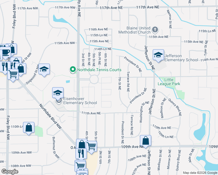 map of restaurants, bars, coffee shops, grocery stores, and more near 11209 112th Square Northeast in Blaine