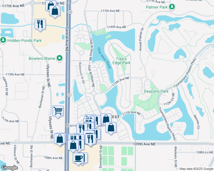 map of restaurants, bars, coffee shops, grocery stores, and more near 1623 113th Avenue Northeast in Blaine