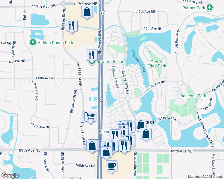 map of restaurants, bars, coffee shops, grocery stores, and more near 11322 Aberdeen Circle Northeast in Blaine