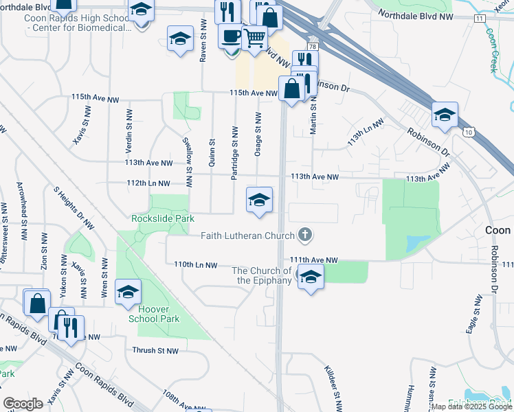 map of restaurants, bars, coffee shops, grocery stores, and more near 11208 Osage Street Northwest in Minneapolis
