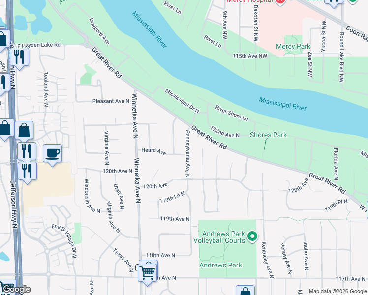map of restaurants, bars, coffee shops, grocery stores, and more near 1528 Pennsylvania Avenue North in Champlin
