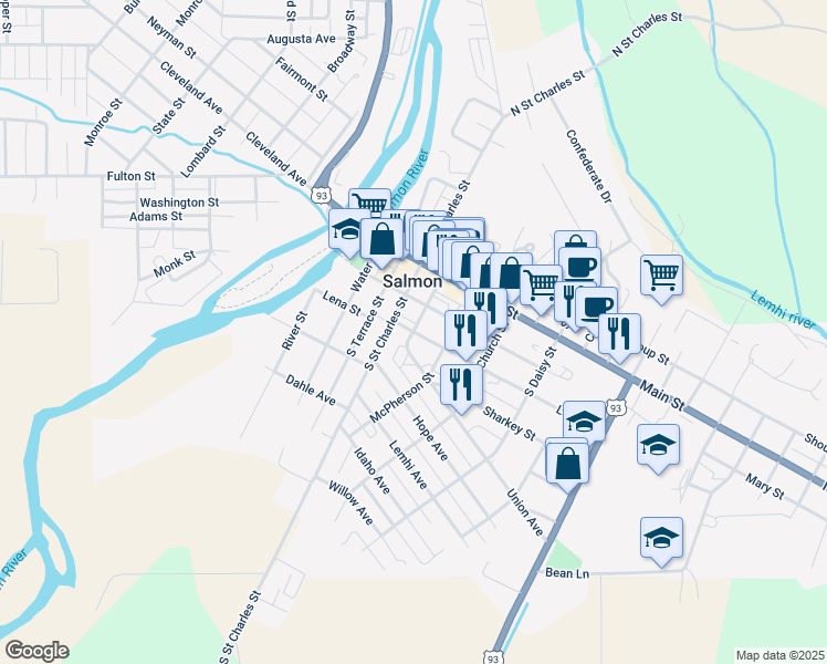 map of restaurants, bars, coffee shops, grocery stores, and more near 501 Union Avenue in Salmon