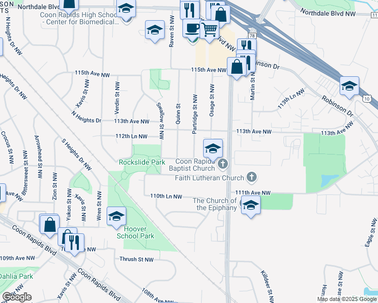 map of restaurants, bars, coffee shops, grocery stores, and more near 11210 Partridge Street Northwest in Coon Rapids