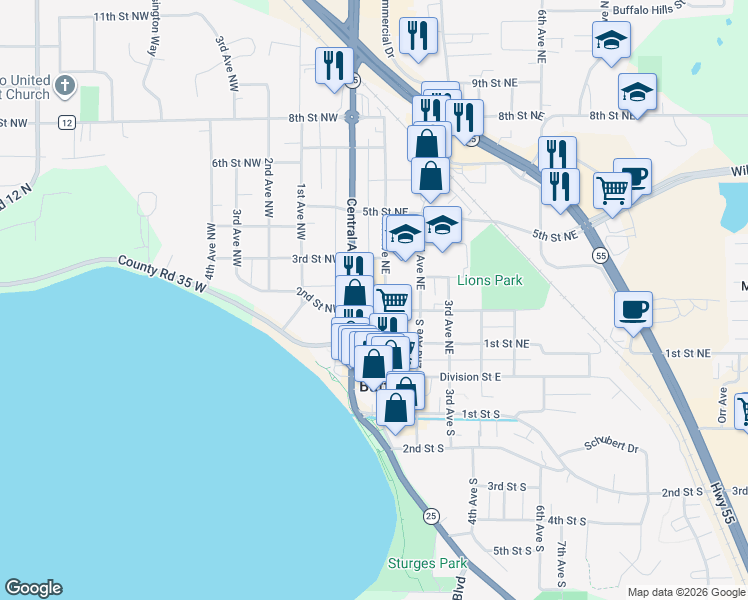 map of restaurants, bars, coffee shops, grocery stores, and more near 33 2nd Street Northeast in Buffalo