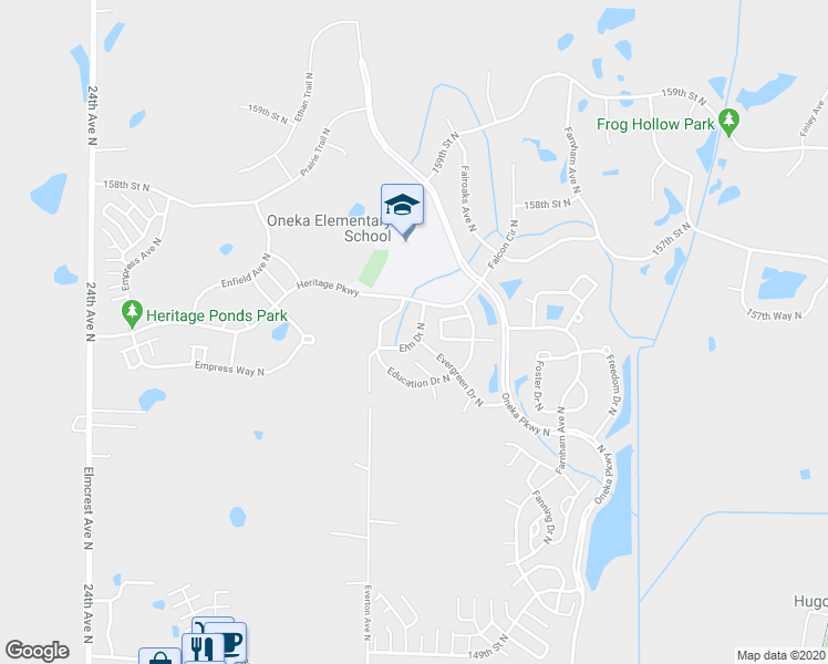map of restaurants, bars, coffee shops, grocery stores, and more near 4823 Elm Drive North in Hugo