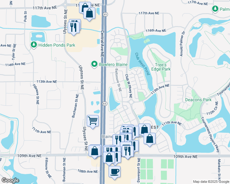 map of restaurants, bars, coffee shops, grocery stores, and more near 11322 Aberdeen Circle Northeast in Blaine