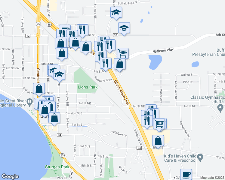 map of restaurants, bars, coffee shops, grocery stores, and more near 702 Highway 55 in Buffalo