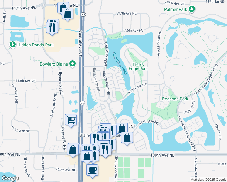 map of restaurants, bars, coffee shops, grocery stores, and more near 11339 Davenport Circle in Blaine