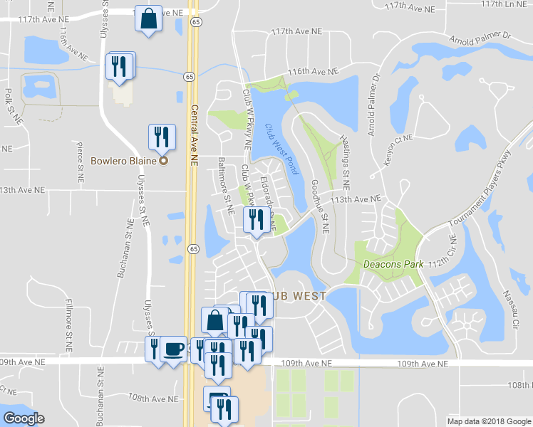 map of restaurants, bars, coffee shops, grocery stores, and more near 11339 Davenport Circle Northeast in Blaine