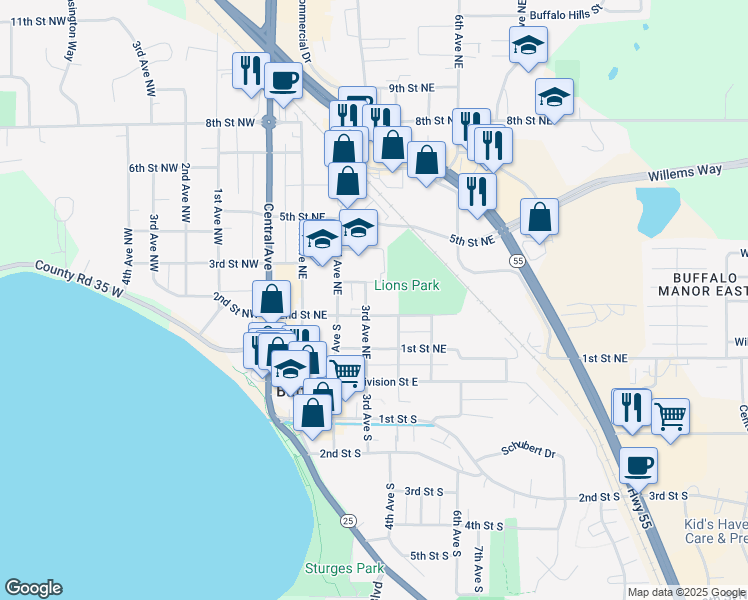 map of restaurants, bars, coffee shops, grocery stores, and more near 302 2nd Street Northeast in Buffalo