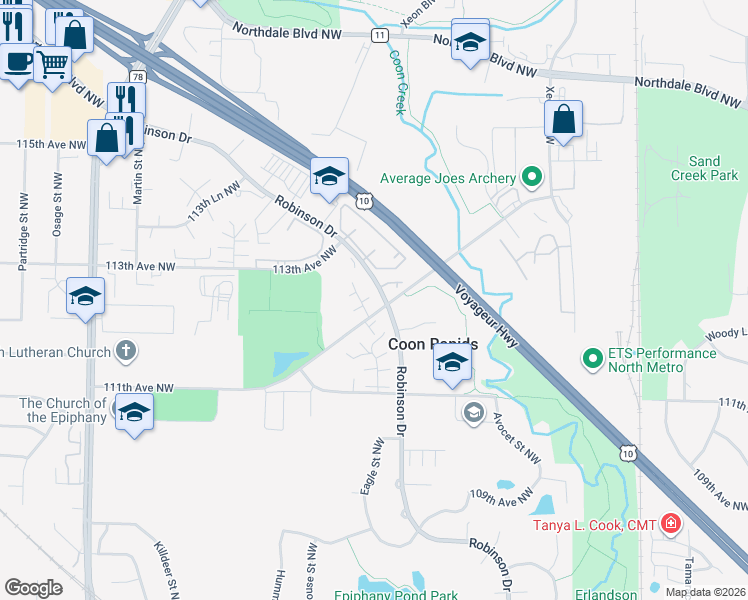 map of restaurants, bars, coffee shops, grocery stores, and more near 1535 Creek Meadow Drive Northwest in Coon Rapids