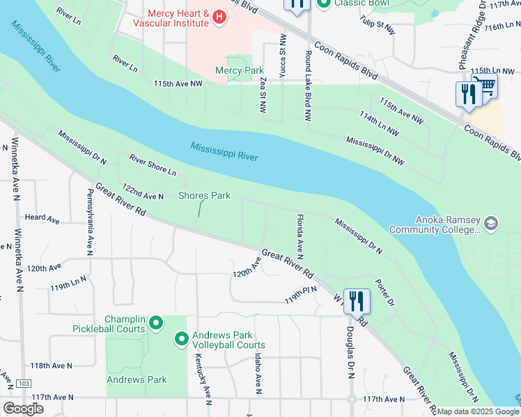 map of restaurants, bars, coffee shops, grocery stores, and more near 12113 Hampshire Avenue in Champlin