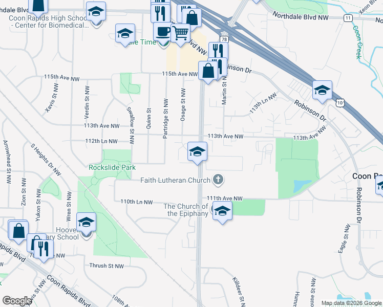 map of restaurants, bars, coffee shops, grocery stores, and more near 11240 Osage Street Northwest in Coon Rapids