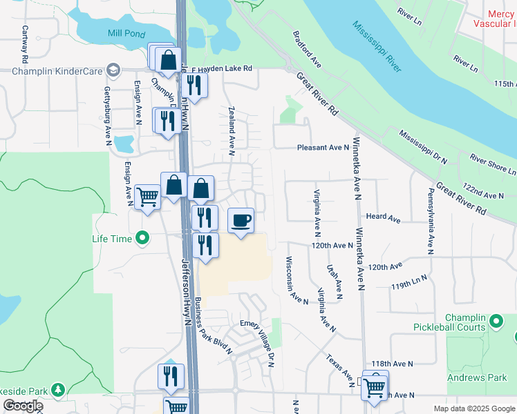 map of restaurants, bars, coffee shops, grocery stores, and more near 8423 Yukon Circle North in Champlin