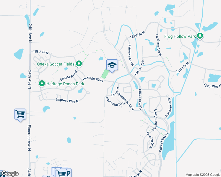 map of restaurants, bars, coffee shops, grocery stores, and more near 4802 Education Drive North in Hugo