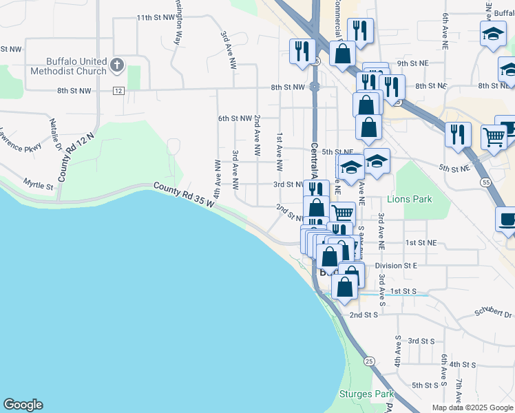 map of restaurants, bars, coffee shops, grocery stores, and more near 200 2nd Avenue Northwest in Buffalo