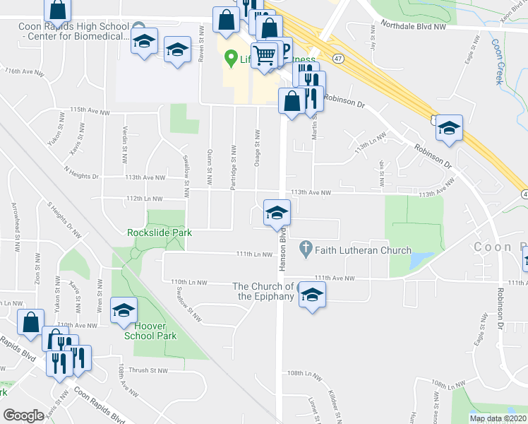 map of restaurants, bars, coffee shops, grocery stores, and more near 11247 Osage Street Northwest in Minneapolis