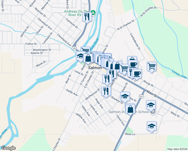 map of restaurants, bars, coffee shops, grocery stores, and more near in Salmon