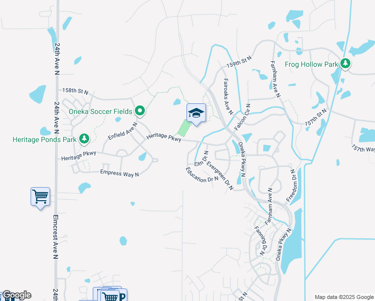 map of restaurants, bars, coffee shops, grocery stores, and more near 4801 Education Drive North in Hugo