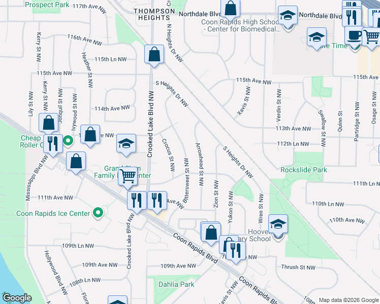 map of restaurants, bars, coffee shops, grocery stores, and more near 11236 Arrowhead Street Northwest in Minneapolis