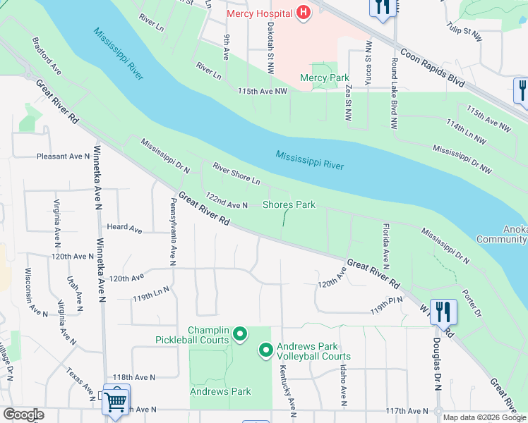 map of restaurants, bars, coffee shops, grocery stores, and more near 12201 Maryland Circle North in Champlin