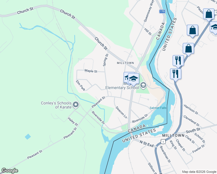 map of restaurants, bars, coffee shops, grocery stores, and more near 36 Spring Street in Saint Stephen