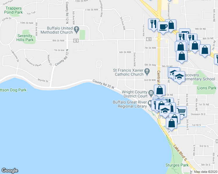 map of restaurants, bars, coffee shops, grocery stores, and more near 409 Lake Boulevard Northwest in Buffalo