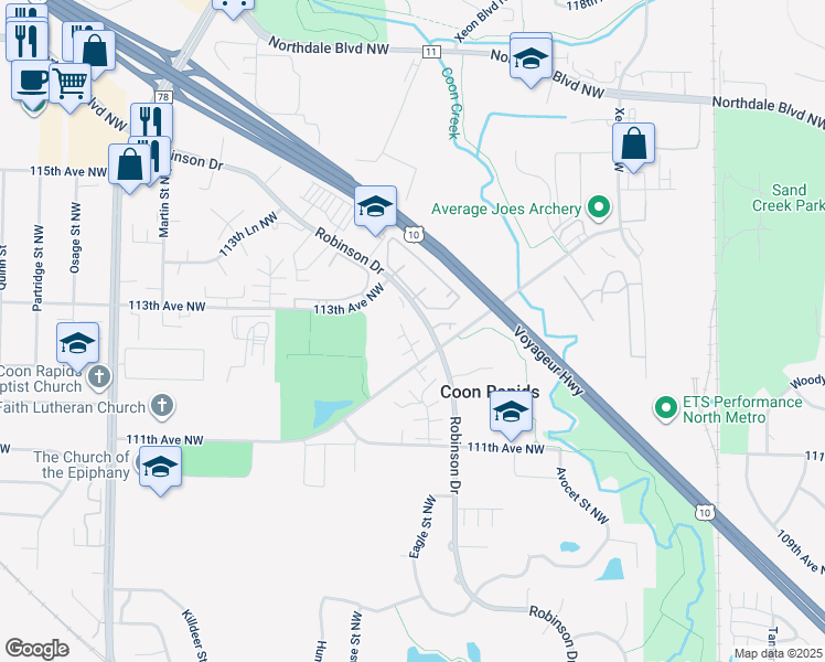 map of restaurants, bars, coffee shops, grocery stores, and more near 11242 Robinson Drive in Coon Rapids
