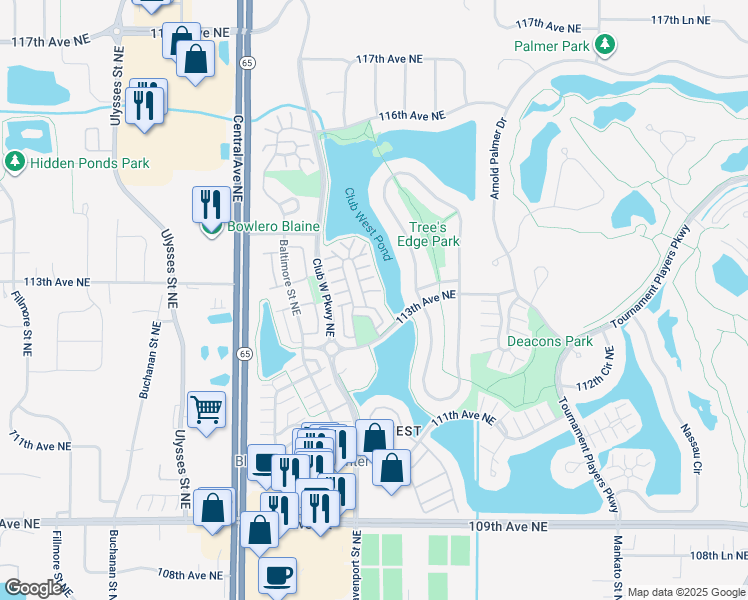 map of restaurants, bars, coffee shops, grocery stores, and more near 11353 Fergus Street Northeast in Blaine