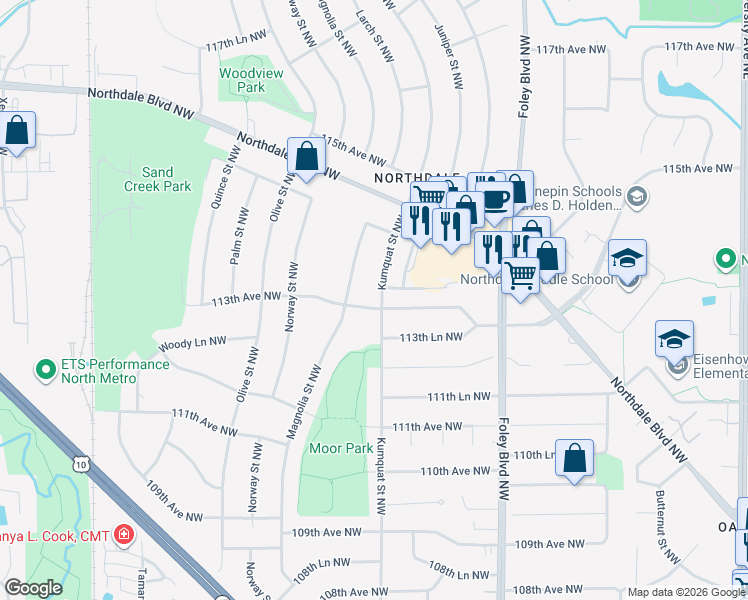 map of restaurants, bars, coffee shops, grocery stores, and more near 11310 Kumquat Street Northwest in Minneapolis