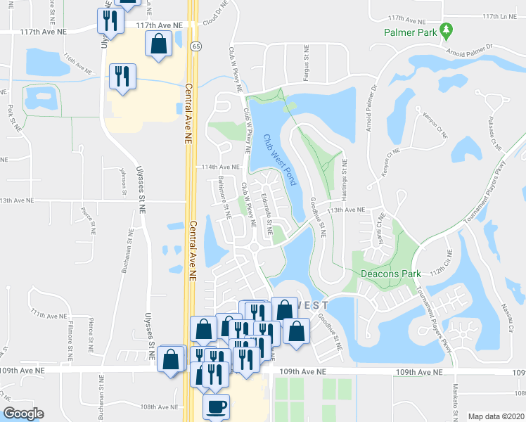 map of restaurants, bars, coffee shops, grocery stores, and more near 11378 Eldorado Street Northeast in Blaine
