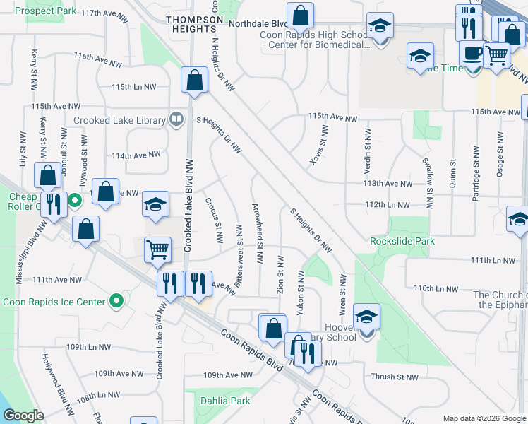 map of restaurants, bars, coffee shops, grocery stores, and more near 2532 South Heights Drive Northwest in Coon Rapids