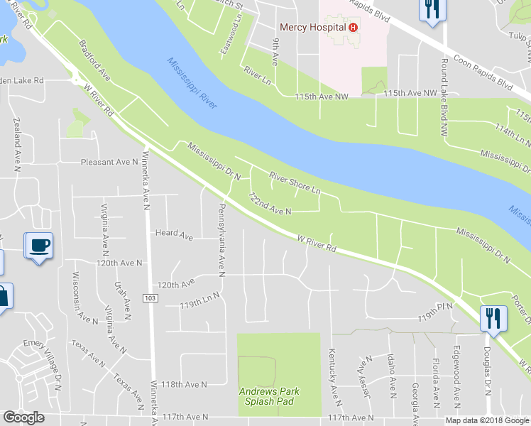 map of restaurants, bars, coffee shops, grocery stores, and more near 7337 122nd Avenue North in Champlin