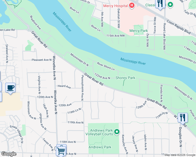 map of restaurants, bars, coffee shops, grocery stores, and more near 7351 122nd Avenue North in Champlin