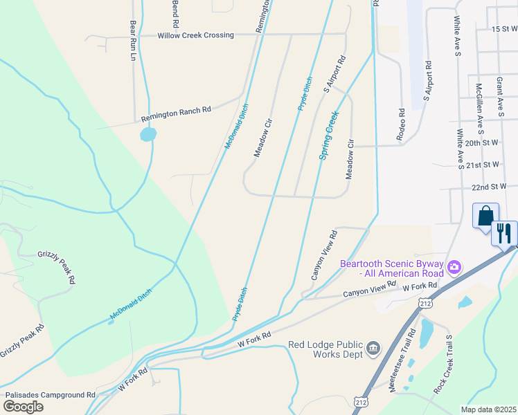 map of restaurants, bars, coffee shops, grocery stores, and more near 123 Meadow Circle in Red Lodge