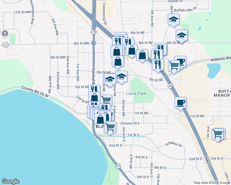 map of restaurants, bars, coffee shops, grocery stores, and more near 207 3rd Street Northeast in Buffalo