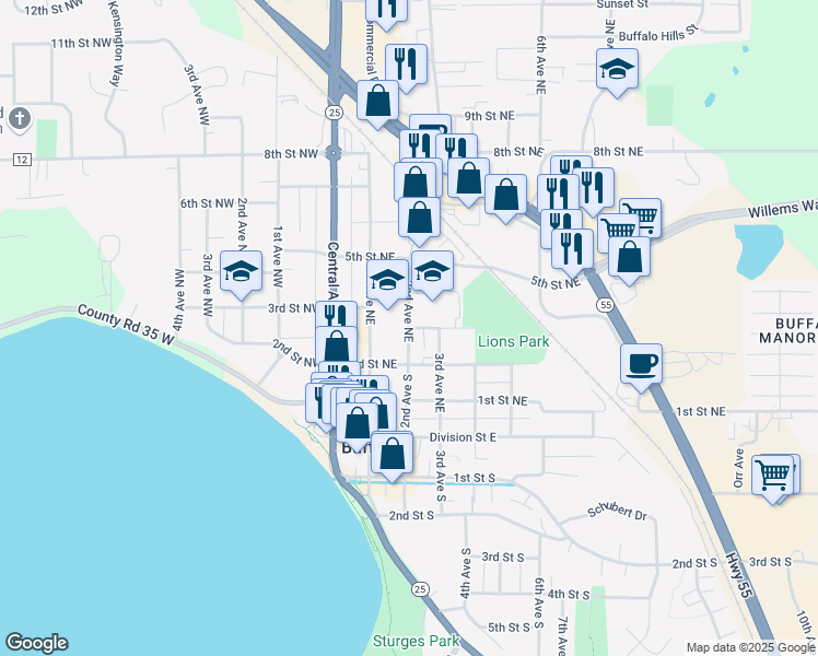 map of restaurants, bars, coffee shops, grocery stores, and more near 301 2nd Avenue Northeast in Buffalo