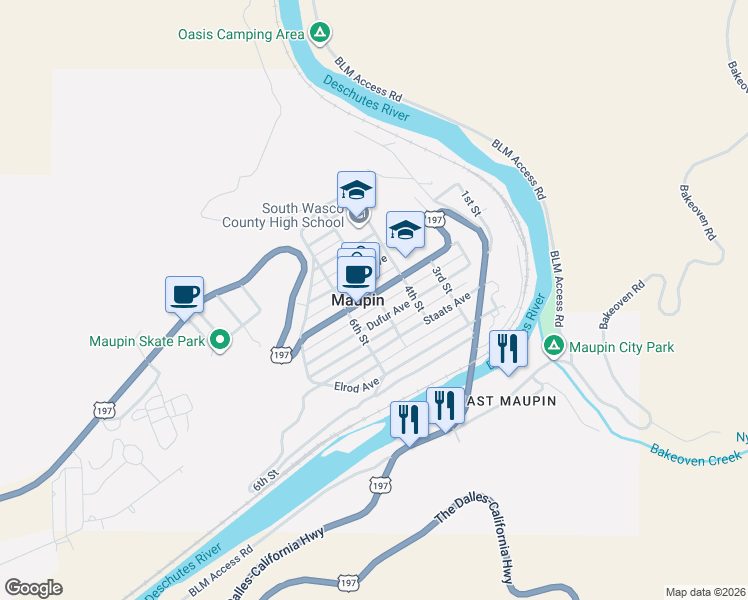 map of restaurants, bars, coffee shops, grocery stores, and more near 501 Deschutes Avenue in Maupin