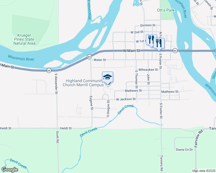 map of restaurants, bars, coffee shops, grocery stores, and more near 1914 West Jackson Street in Merrill