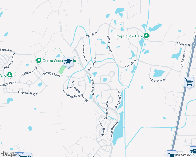 map of restaurants, bars, coffee shops, grocery stores, and more near 5110 Farnham Drive North in Hugo