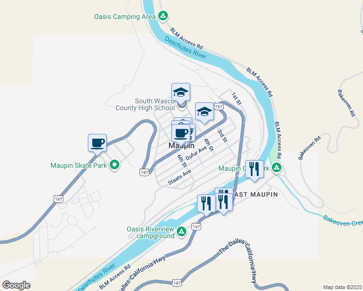 map of restaurants, bars, coffee shops, grocery stores, and more near in Maupin