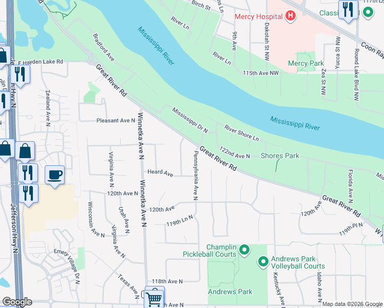 map of restaurants, bars, coffee shops, grocery stores, and more near 1512 Pennsylvania Avenue North in Champlin
