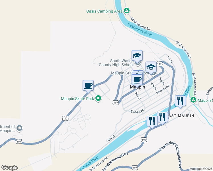 map of restaurants, bars, coffee shops, grocery stores, and more near 610 Bluff Street in Maupin