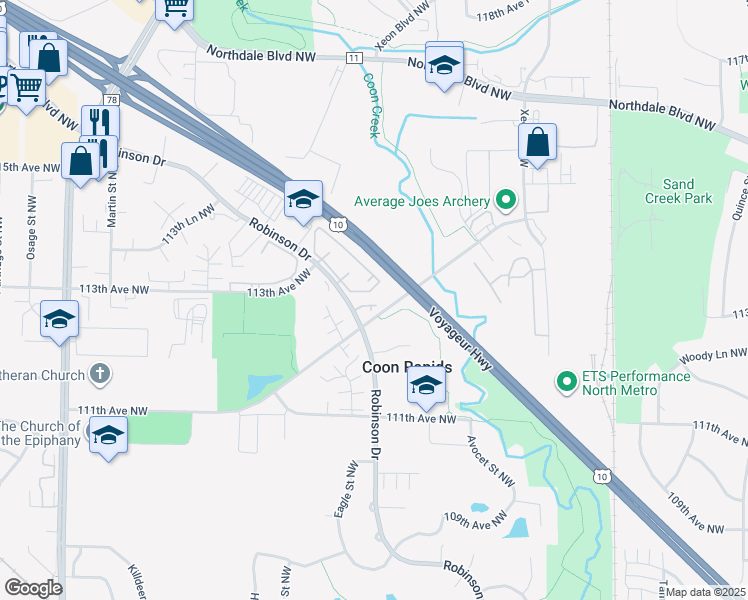 map of restaurants, bars, coffee shops, grocery stores, and more near 11267 Robinson Drive in Coon Rapids