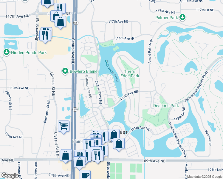 map of restaurants, bars, coffee shops, grocery stores, and more near 11353 Fergus Street Northeast in Blaine
