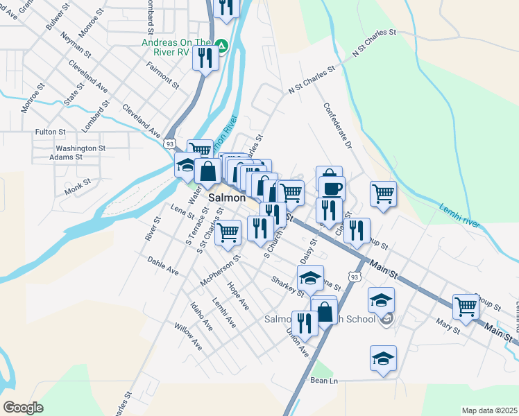 map of restaurants, bars, coffee shops, grocery stores, and more near 522 Main Street in Salmon