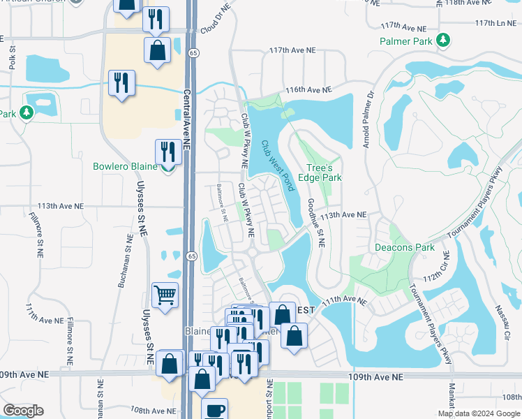 map of restaurants, bars, coffee shops, grocery stores, and more near 11378 Eldorado Street Northeast in Blaine